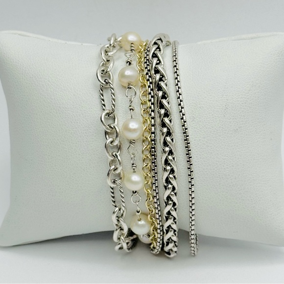 David Yurman Multi Chain Bracelet With Pearl And 18k Gold - Picture 2 of 8